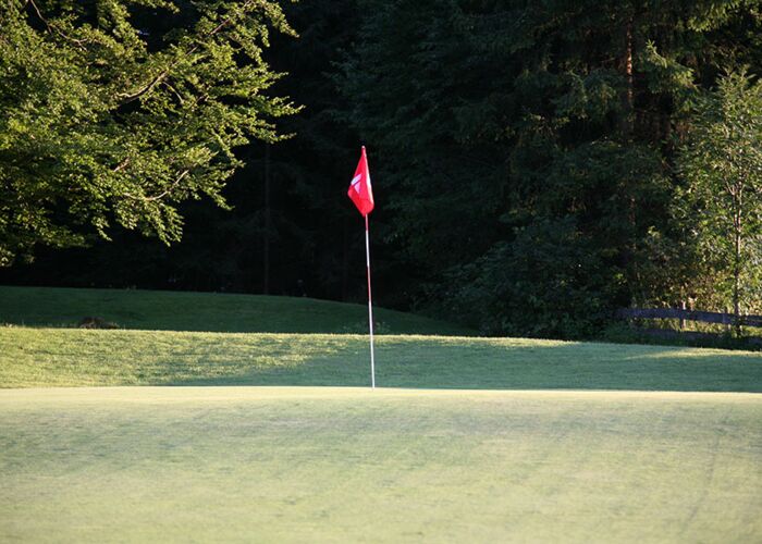 Eine Golf- Fahne markiert das Loch auf dem Golfgrün.