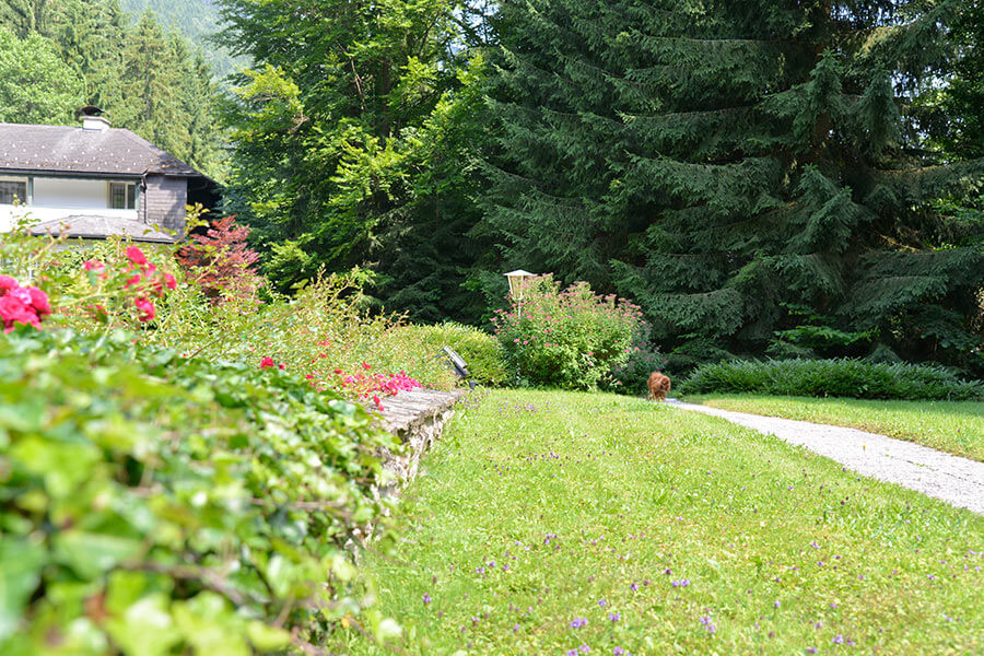 Seehof Gartenanlage mit Blumenbeeten Gartenanlage und Blumenbeete im Hotel Salzkammergut