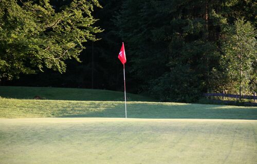 Eine Golf- Fahne markiert das Loch auf dem Golfgrün.