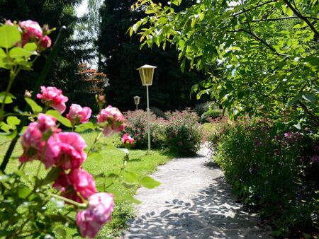 Gartenanlage mit Blumen zwischen Mondsee und Hotel Seehof